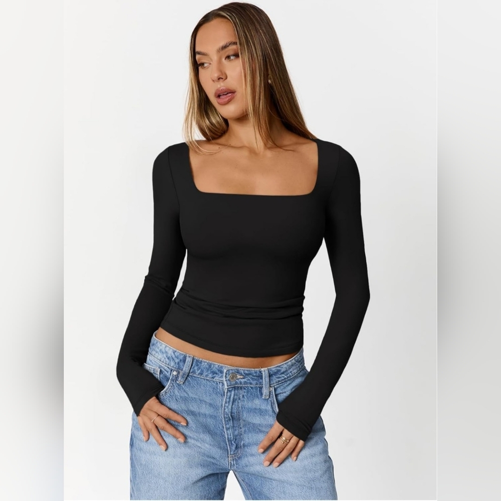 Trendy Queen Womens Double Lined Square Neck Long Sleeve Slim Fit Top